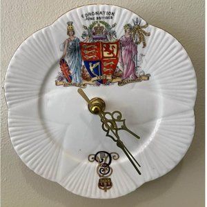 Plate Clocks - 1902 Coronation Vintage Saucer Clock -  6” with gold ornate hands